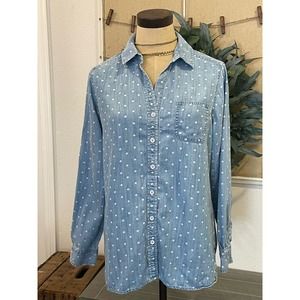 Foxcroft Tencel Blue White Dot Button Front Shirt 10P Petite Cute